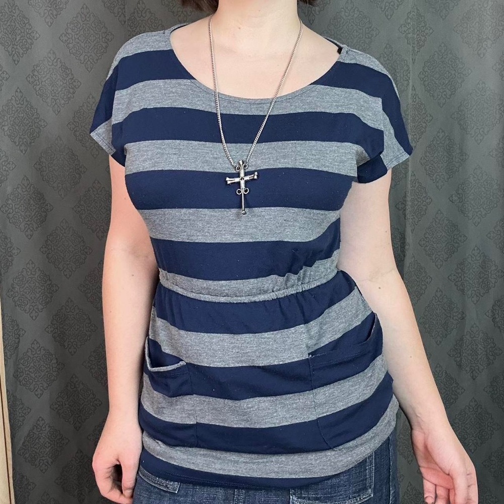 blue grey striped babydoll top